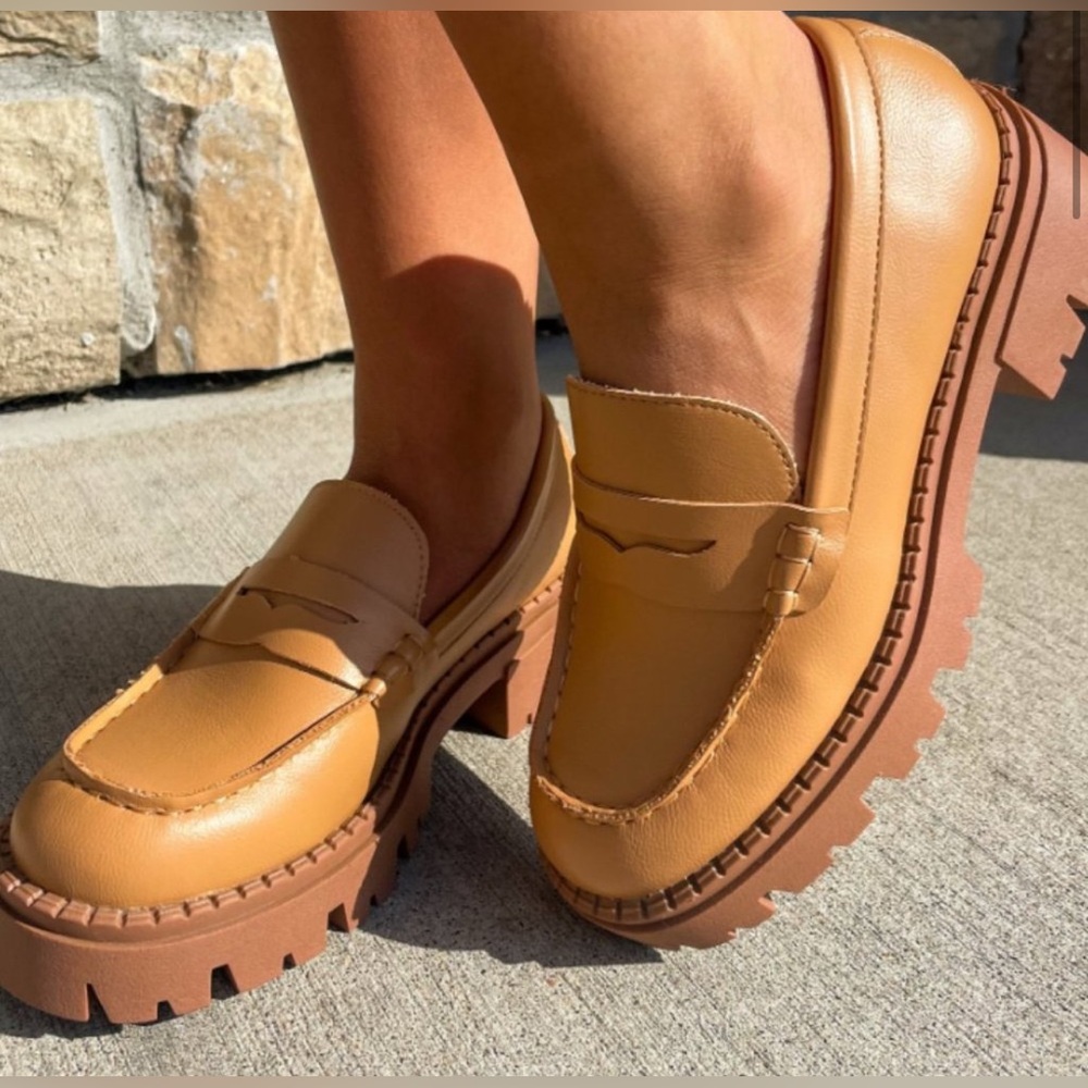 Free People Tan Chunky Lug Sole Penny Loafers